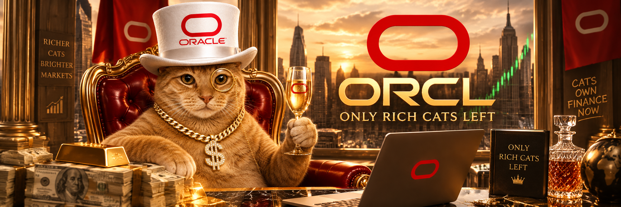 Only Rich Cats Left banner: the ORCL cat in a luxury penthouse with ORCL branding