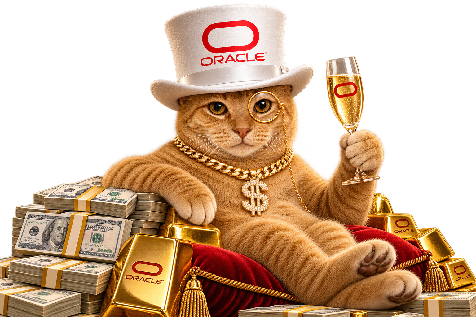 ORCL mascot: a ginger cat in a white Oracle-branded top hat, reclining with champagne among cash and gold